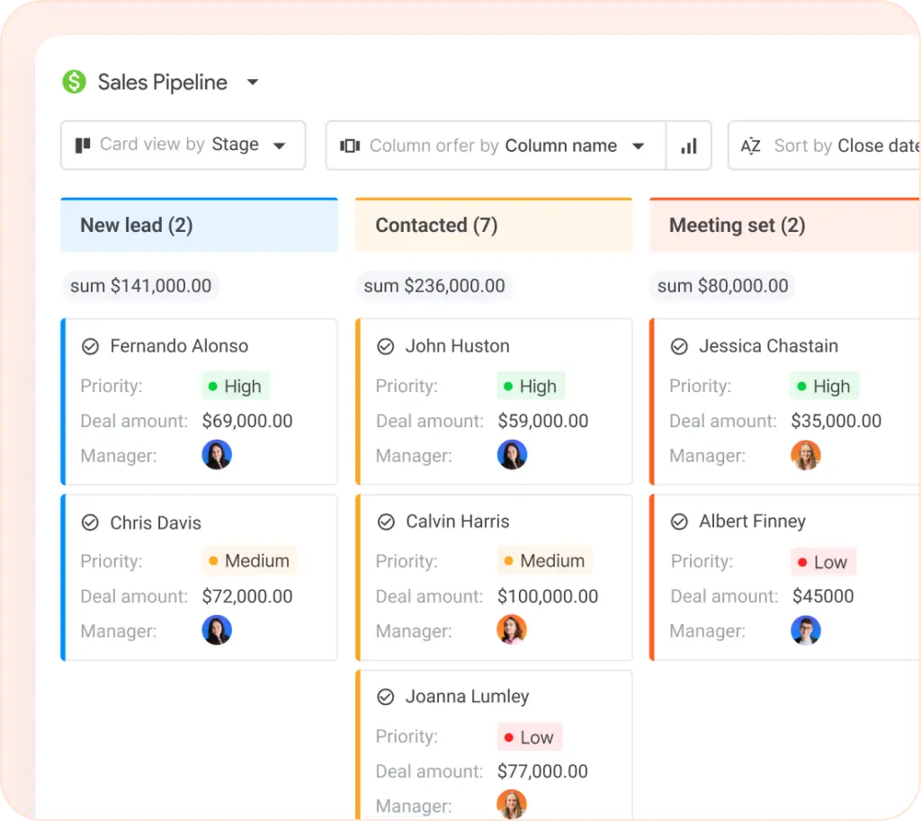 NetHunt CRM sales pipeline showing deal stages and amounts.