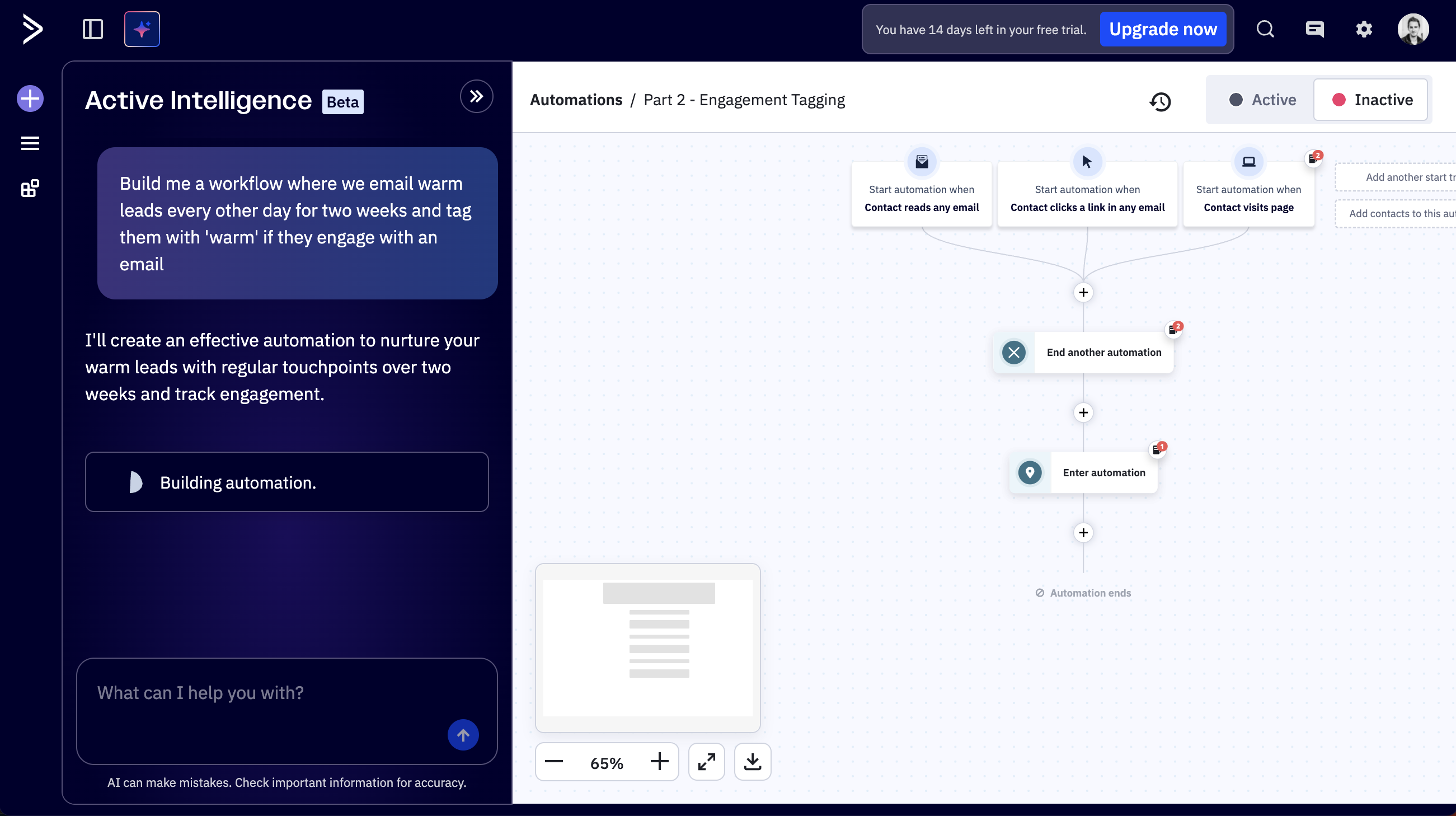ActiveCampaign's Active Intelligence dashboard displaying AI-powered campaign insights and engagement predictions