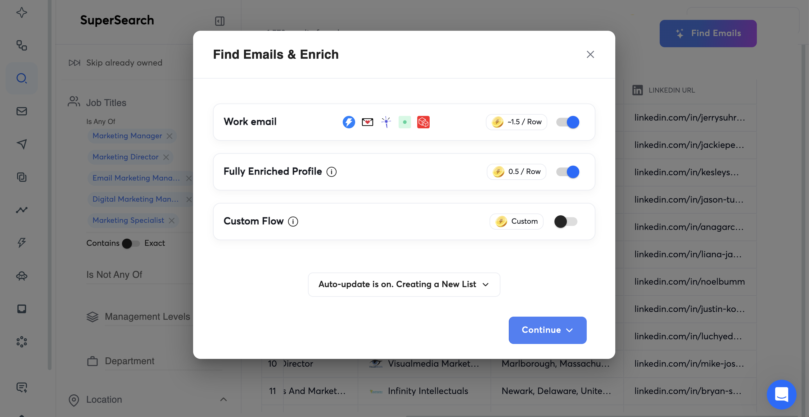 Instantly's lead enrichment tool showing contact details being verified and enhanced with additional data points