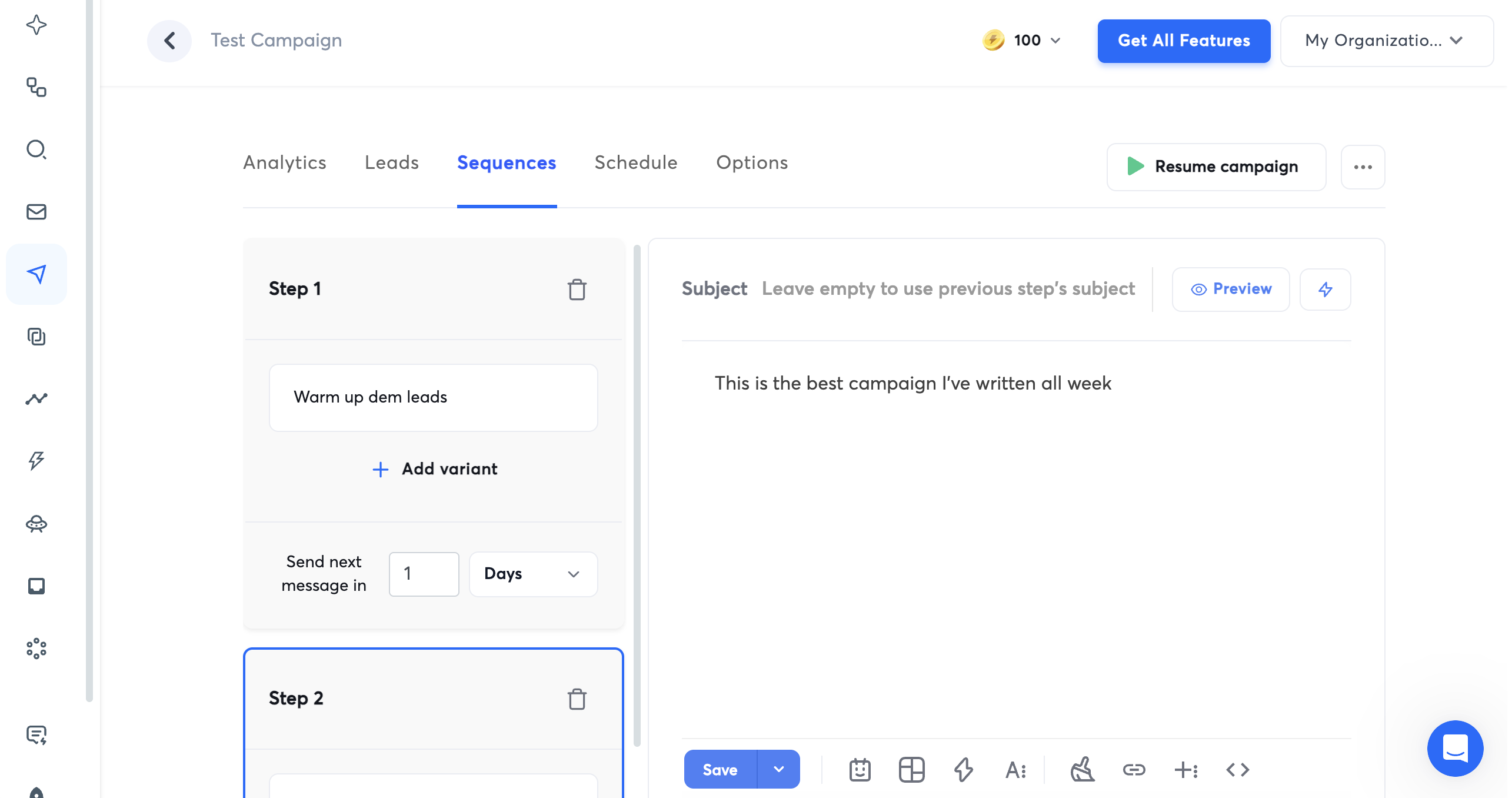 Instantly's campaign sequence builder showing a multi-step cold outreach sequence with email steps and delay timers