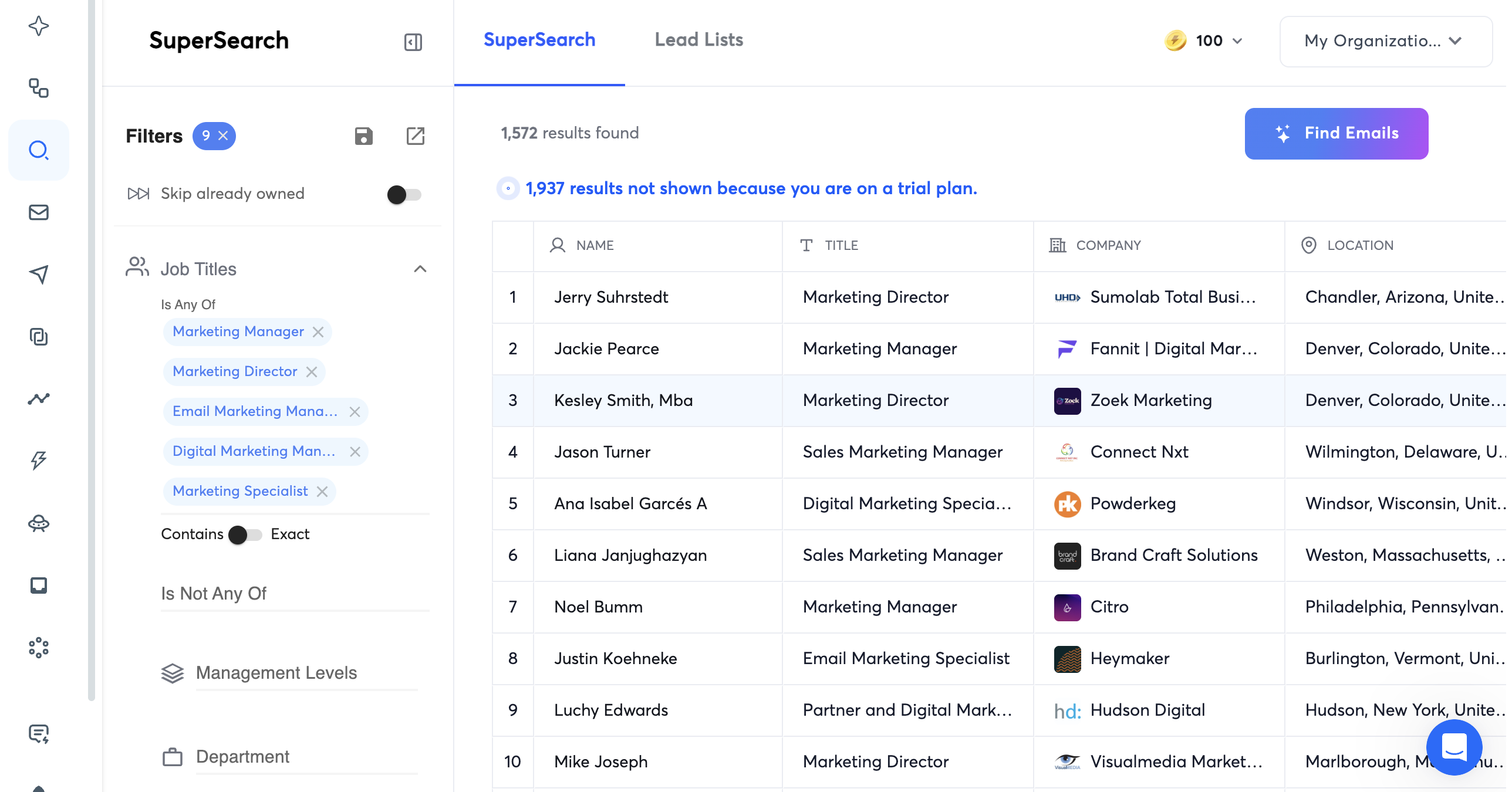 Instantly's lead finder tool with advanced search filters for finding prospects by industry, company size, and job title