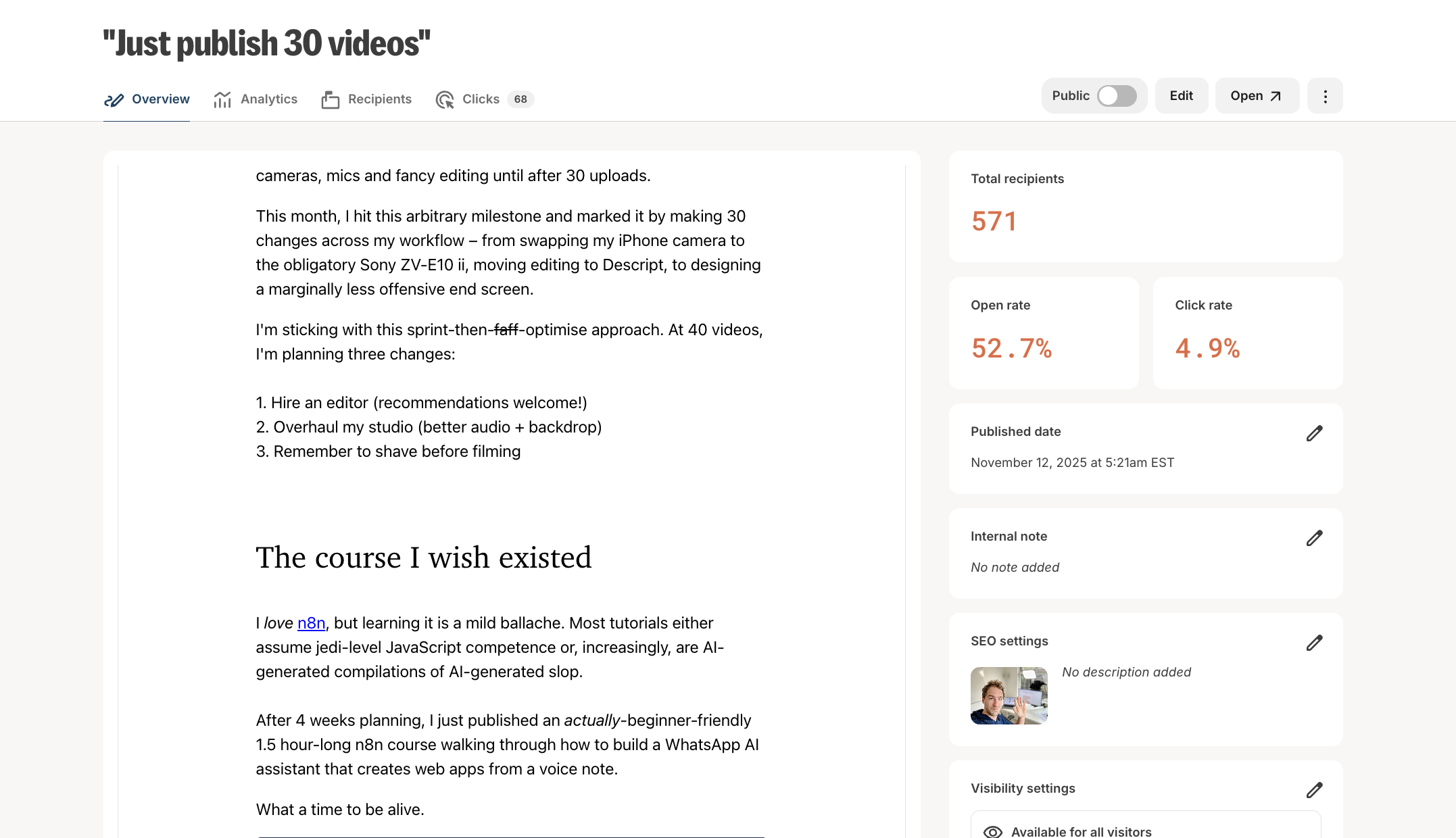 Kit's broadcast email composer with a clean, minimal writing interface designed for creators
