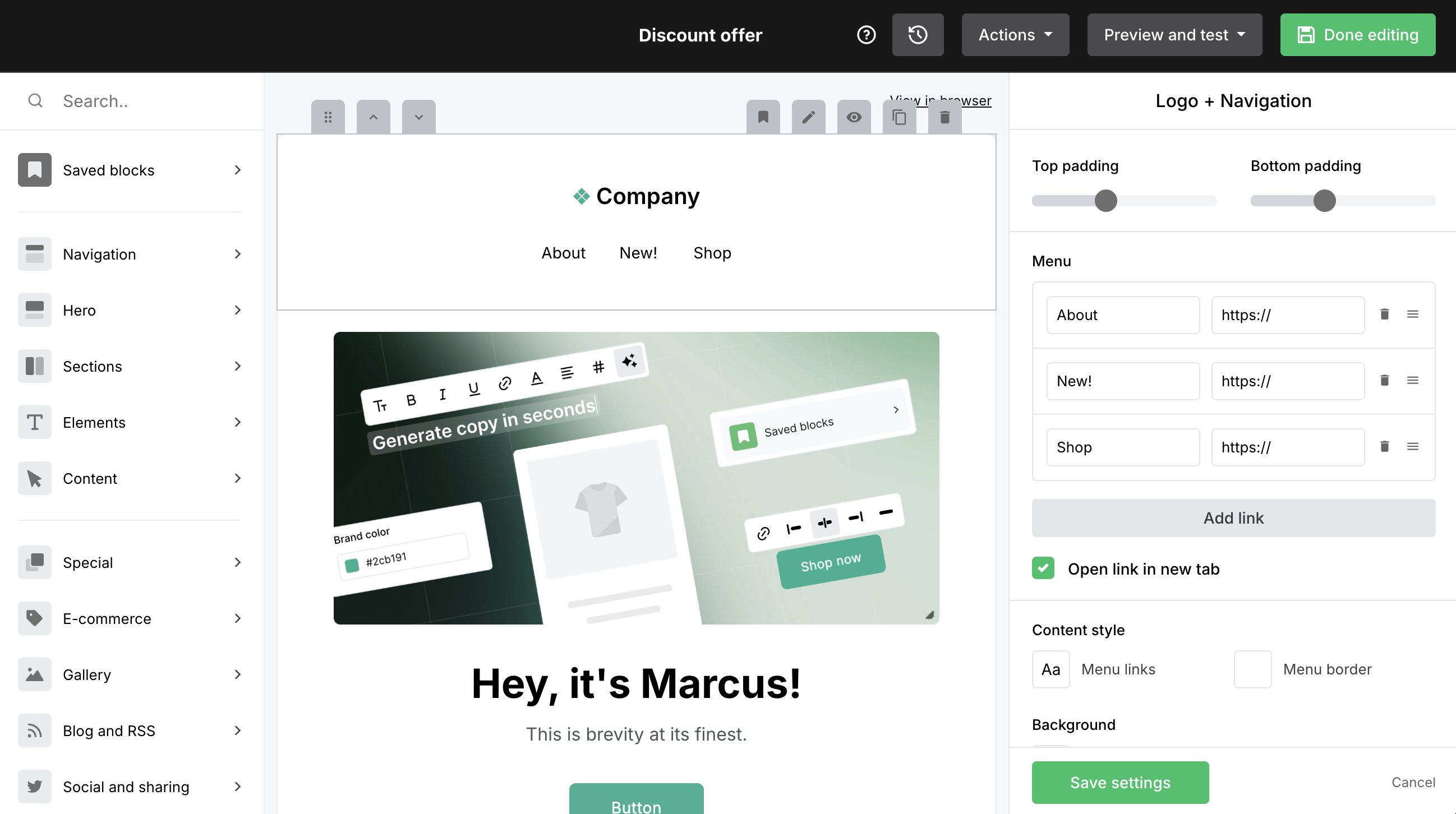 MailerLite's drag-and-drop email designer with content blocks, image uploads, and responsive preview