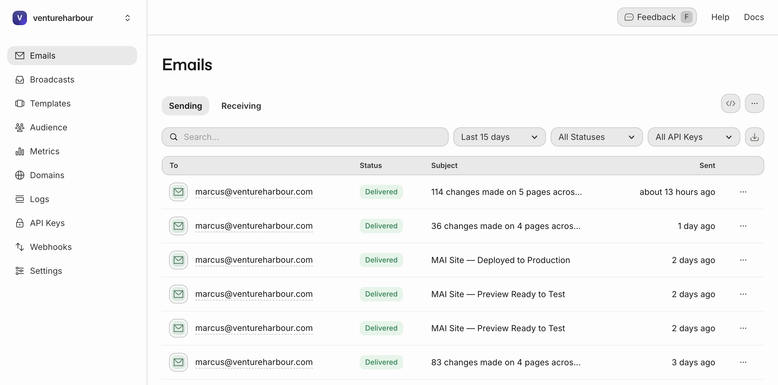 Resend's developer-focused API dashboard showing email send logs, domain configuration, and API key management