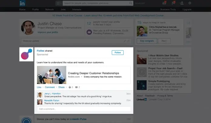 LinkedIn advertising interface showing sponsored content examples.