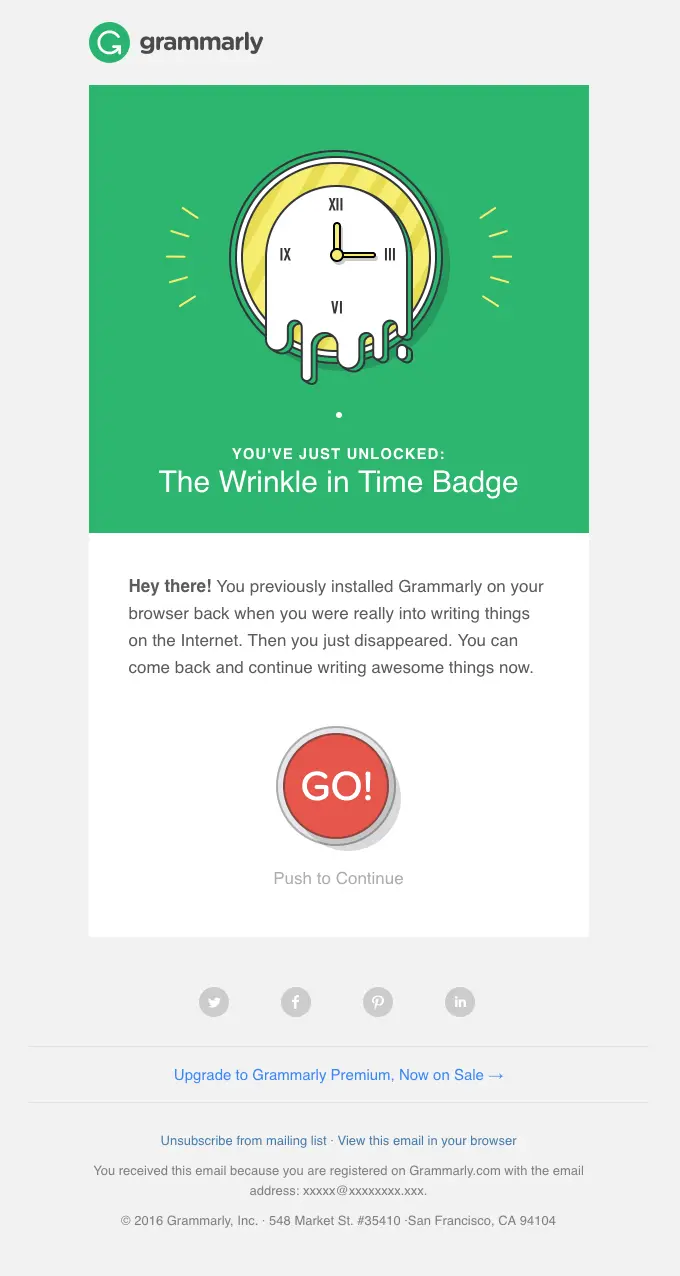 Grammarly re-engagement email showcasing an unlocked badge.