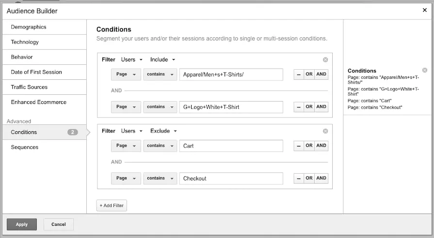 Google Ads audience builder showing user segmentation conditions.