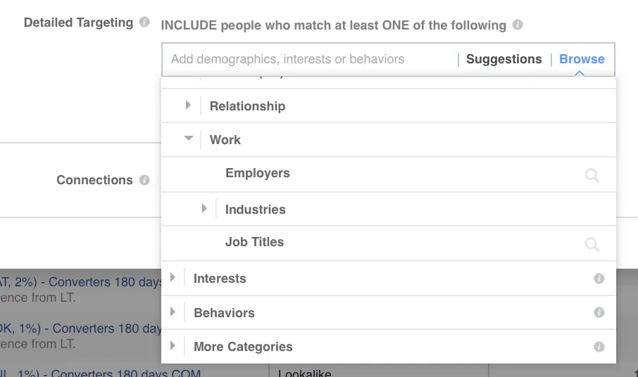 Facebook detailed targeting options showing demographics and interests filters.