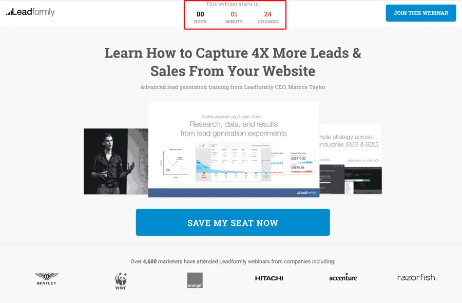Leadformly webinar countdown timer showing remaining time until start.