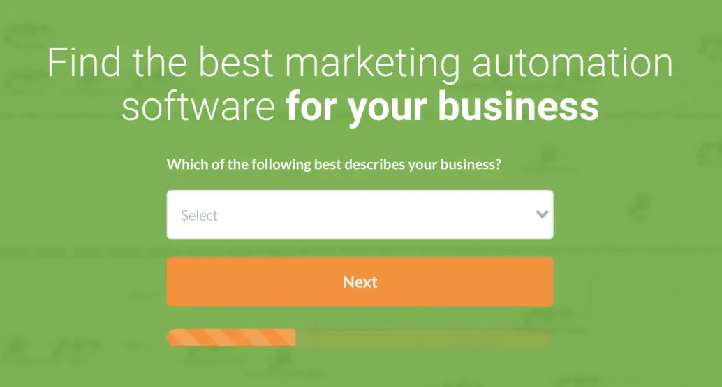 Marketing automation software selection form with business type options.