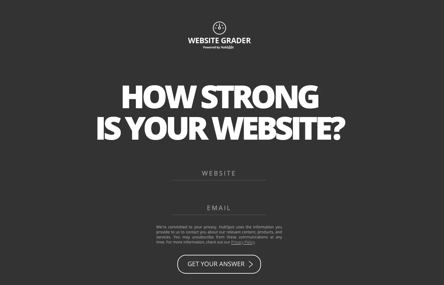 Website Grader showing the form for website address and email input.