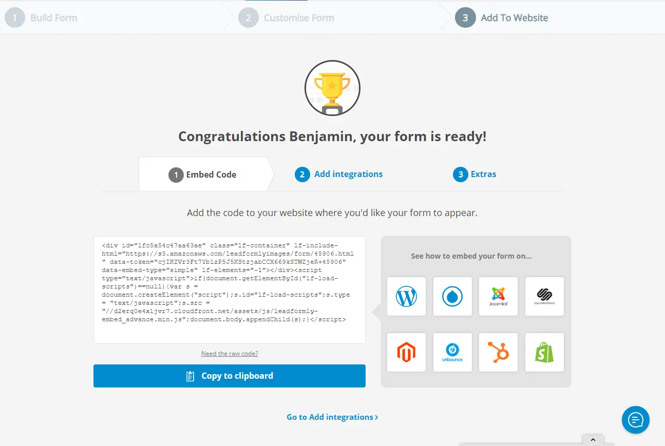 Formbuilder interface showing a completed form ready for embedding on a website.