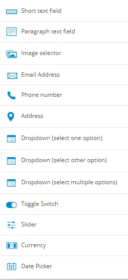 Microsoft Forms question types displayed in a list format.
