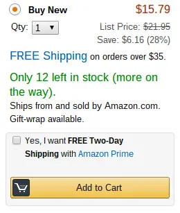 Amazon product listing showing price, stock availability, and shipping options.