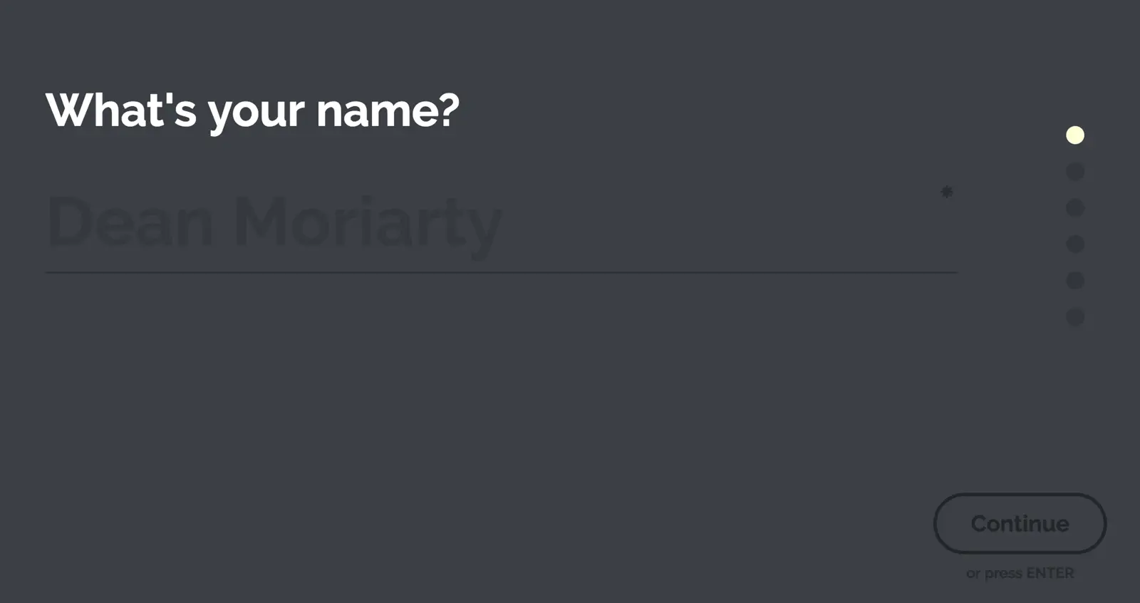 multi-step form interface asking for user name