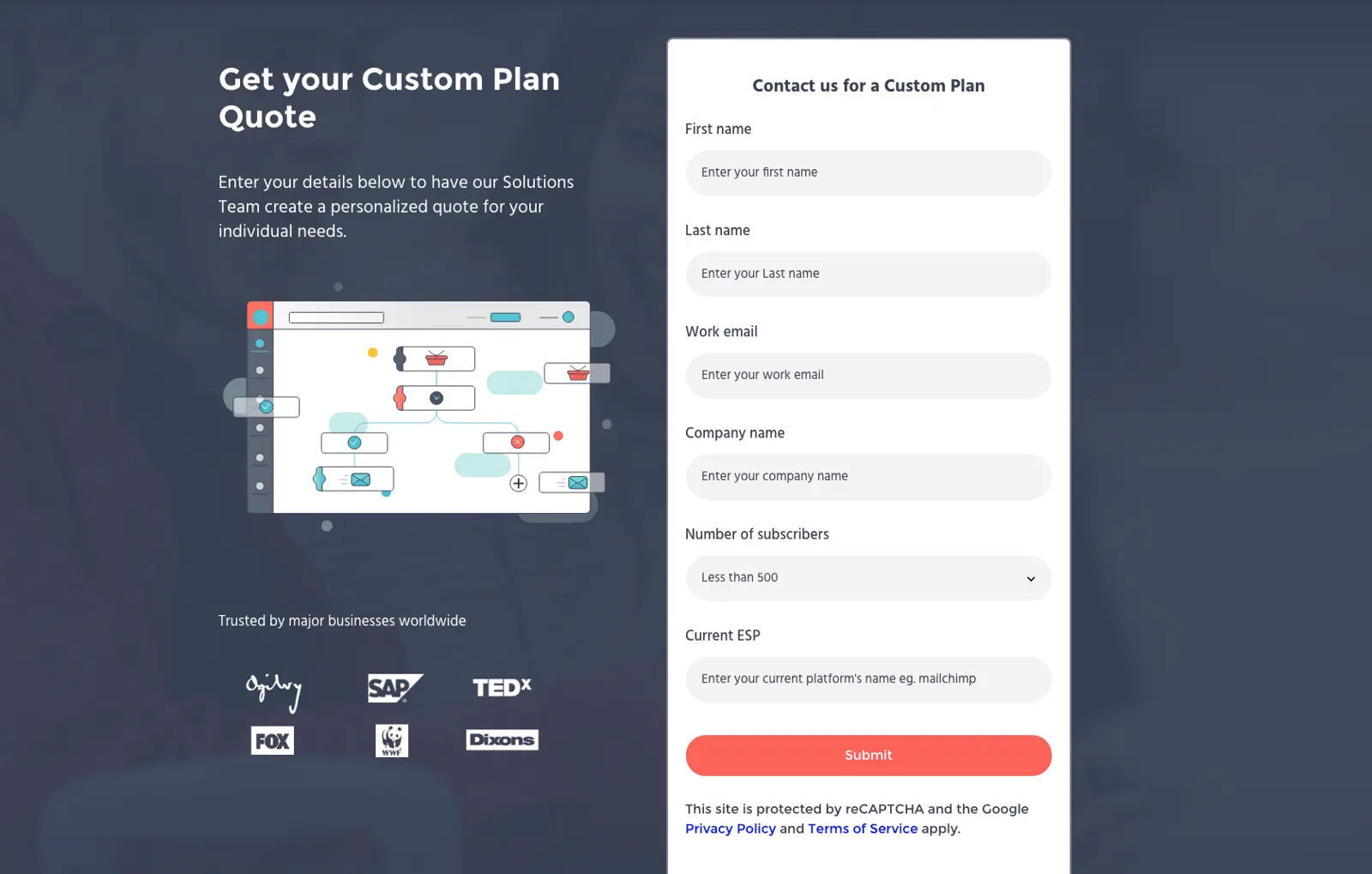 Moosend contact page form for custom plan quote creation.