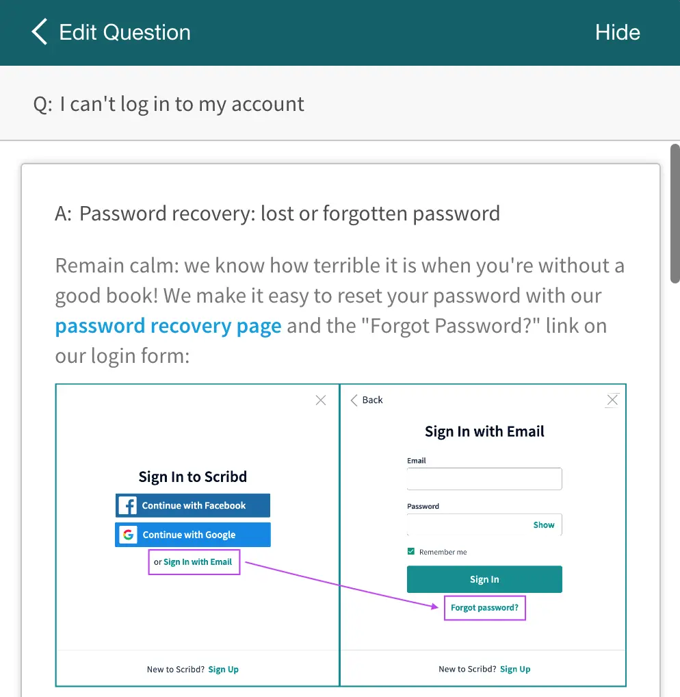 Scribd password recovery process showing email sign-in options.