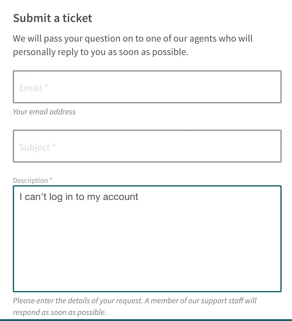 Zendesk support ticket submission form displaying email, subject, and description fields.