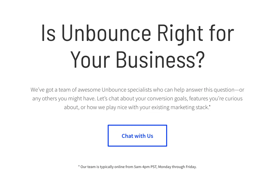 Unbounce chat feature inviting users to start a conversation.