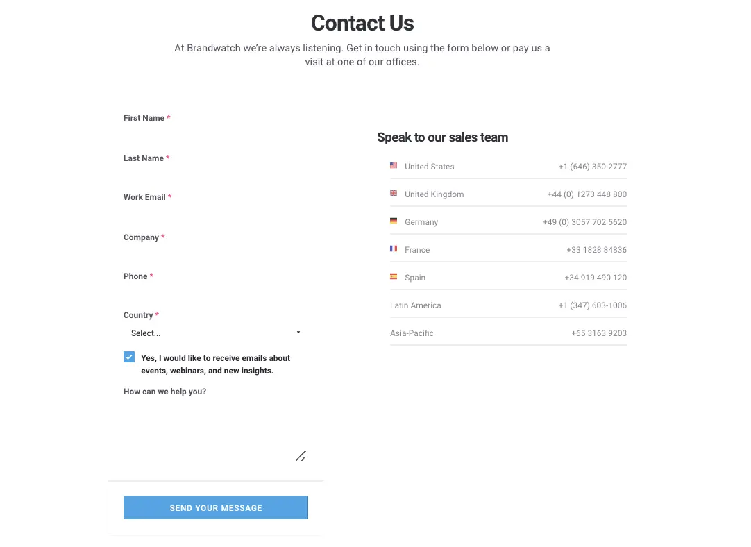 Brandwatch contact form showcasing a classic vertical layout with multiple input fields.