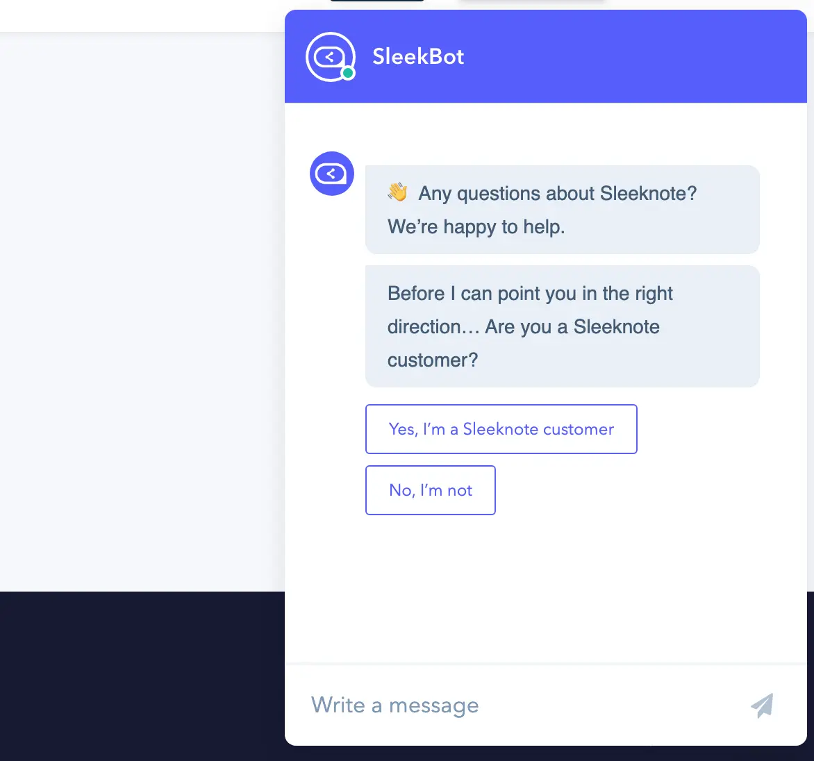 SleekBot chat interface showing user interaction options.