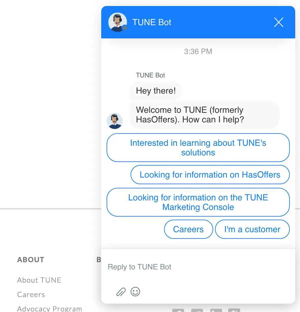 TUNE chatbot interface showing options for user inquiries.