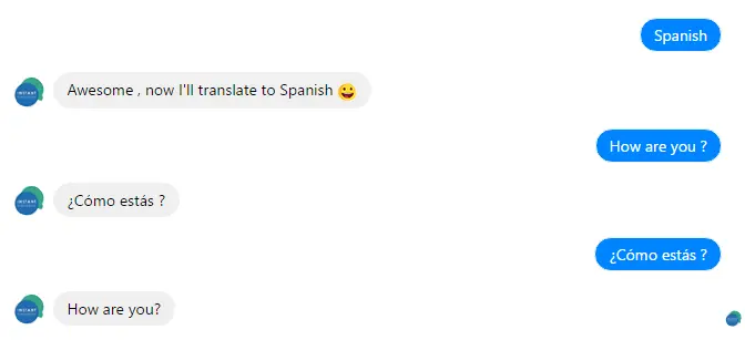 Web chat interface showing translation interaction between English and Spanish.