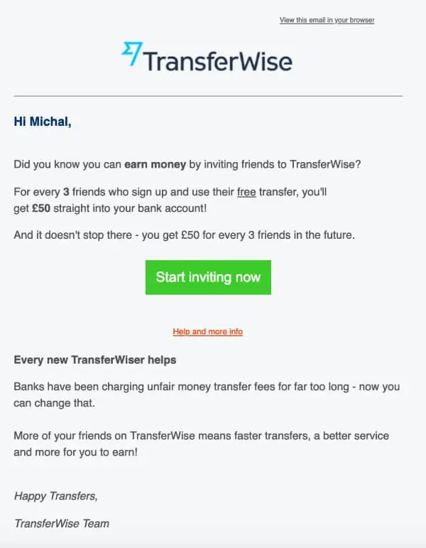 TransferWise referral program funnel showing customer rewards structure.