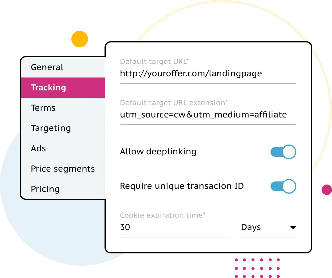 ActiveCampaign tracking settings displaying URL and cookie expiration options.