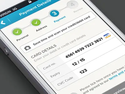 Mobile checkout interface displaying credit/debit card entry fields.