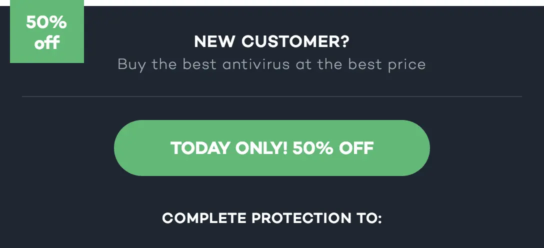 Antivirus promotion with 50% off for new customers.