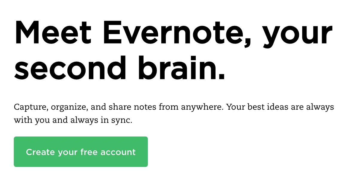 Evernote homepage showcasing key features and call-to-action button.