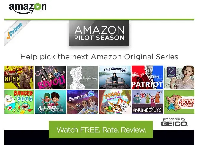 Amazon Prime showing promotional content for its pilot season.