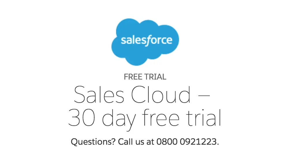 Salesforce Sales Cloud showing a 30-day free trial offer.