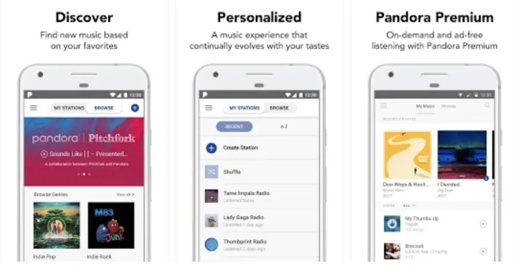 Pandora interface showcasing Discover, Personalized stations, and Premium listening options.