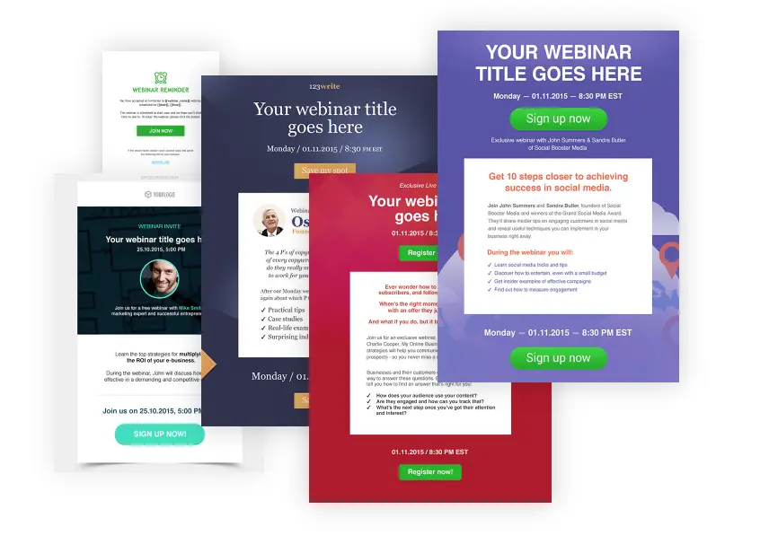Webinar landing page examples showcasing different designs and calls to action.