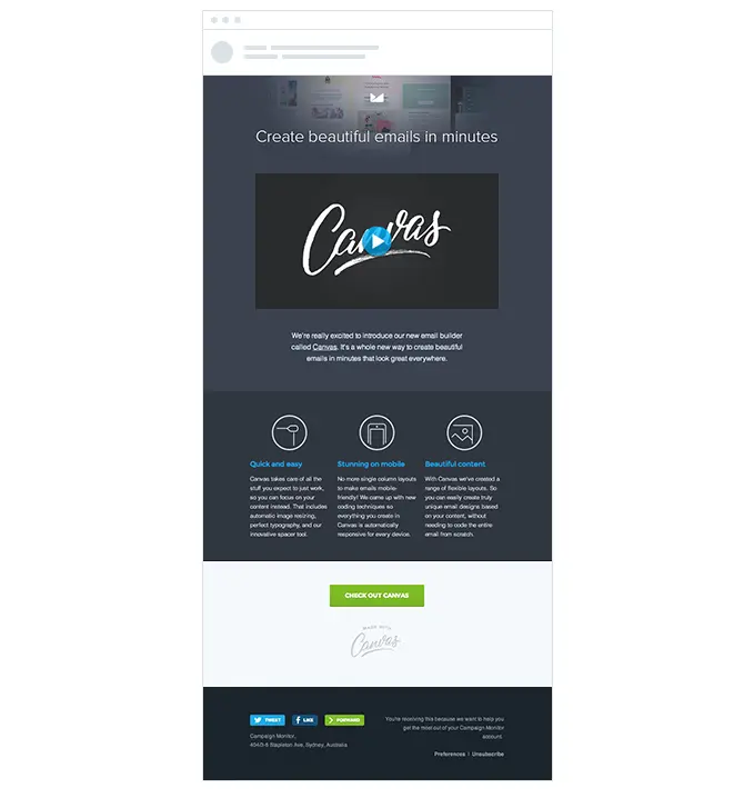 Canvas email builder showcasing design layout and features.