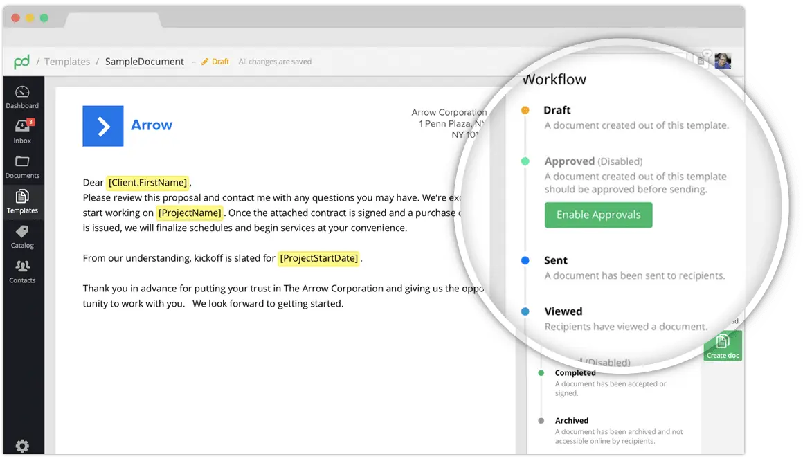 Pd workflow automation showing a document approval process.