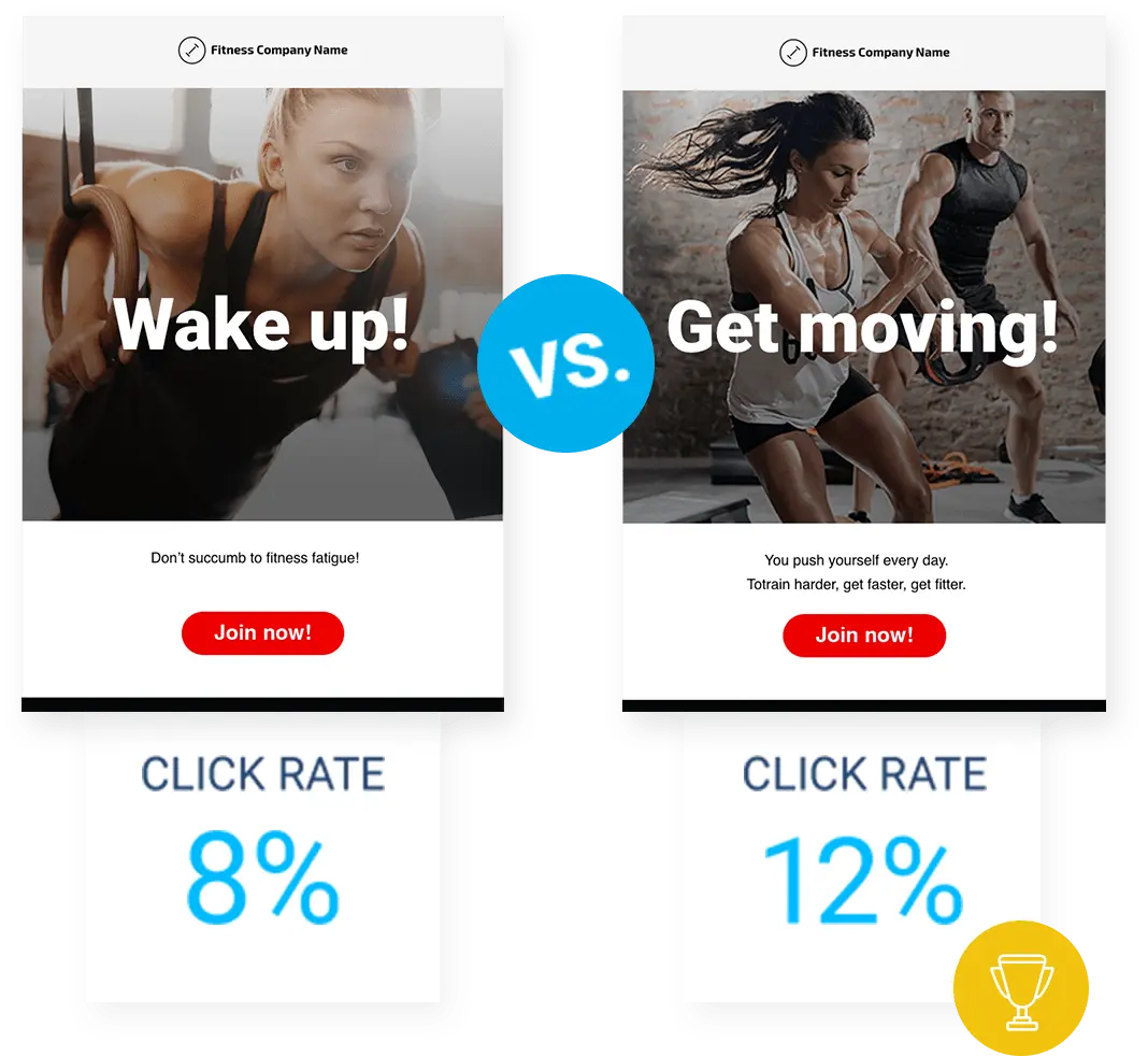 GetResponse campaign variations comparing click rates of two fitness messages.