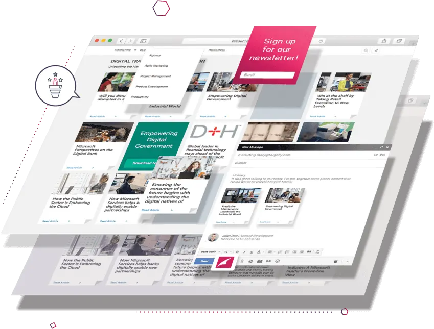 Uberflip content experience showcasing a user dashboard with articles and newsletter sign-up.
