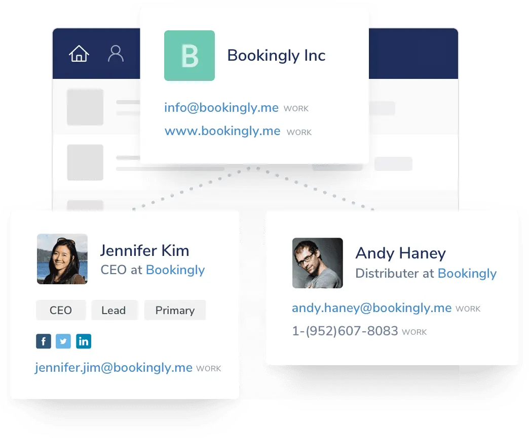 Bookingly contact management interface displaying team member profiles and contact information.