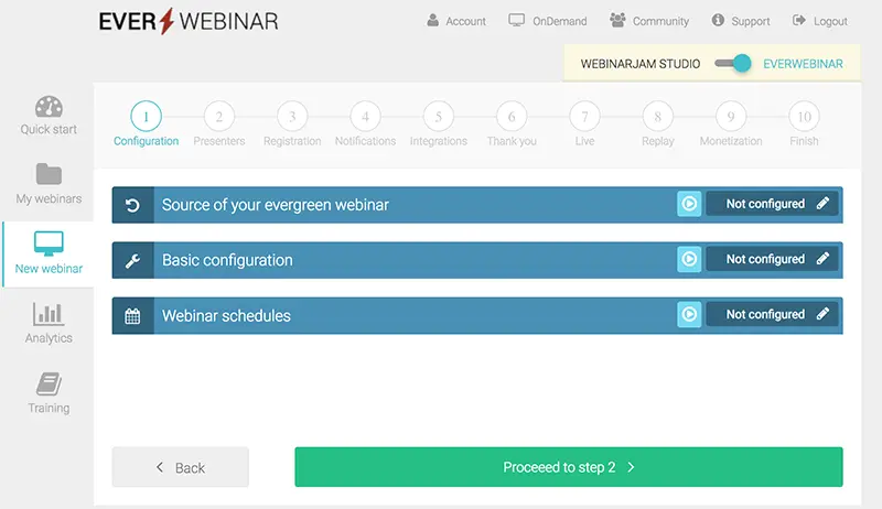 EverWebinar configuration settings for new webinars.
