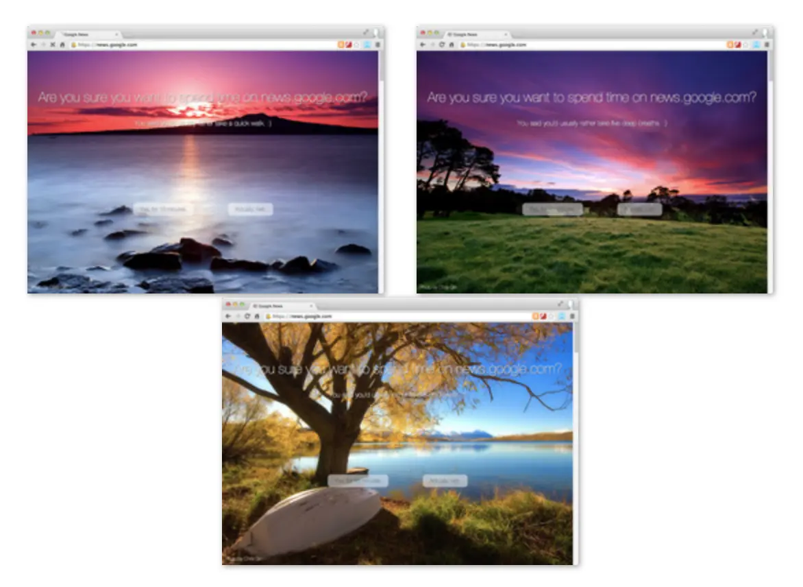 Google Chrome new tab page options displaying scenic backgrounds with time-spent prompts.