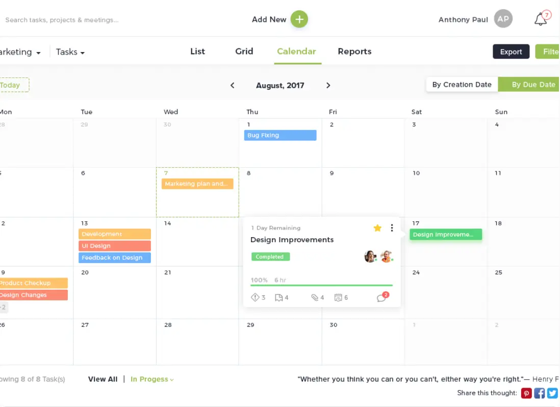 nTask calendar view displaying tasks and deadlines for August 2017.
