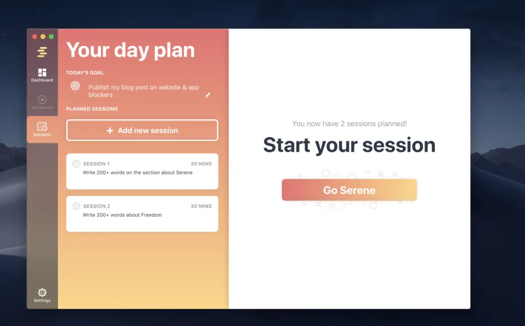 Serene app interface showing a daily planning session setup.