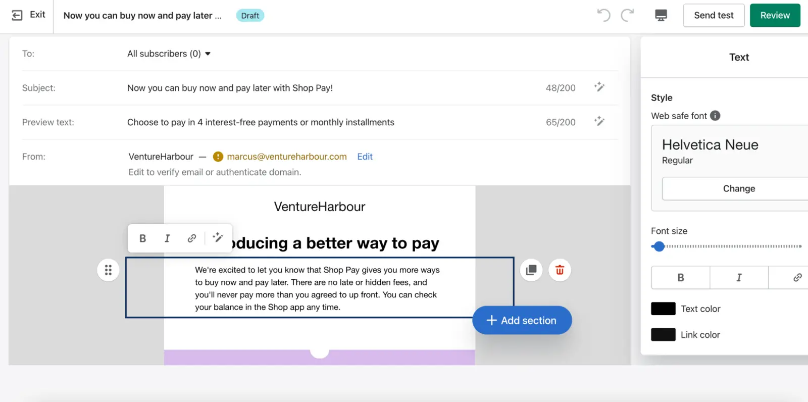 ActiveCampaign email marketing automation showing an editable email template.