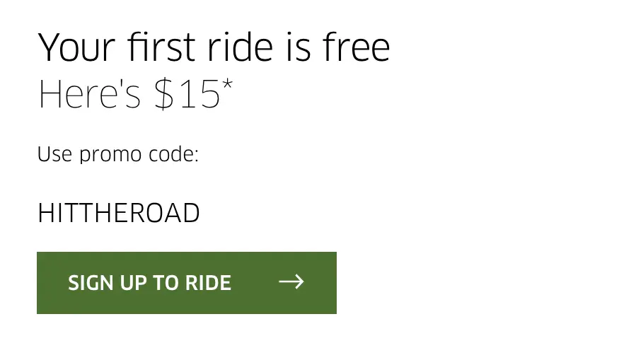 Promotional offer for a free first ride with a $15 credit.