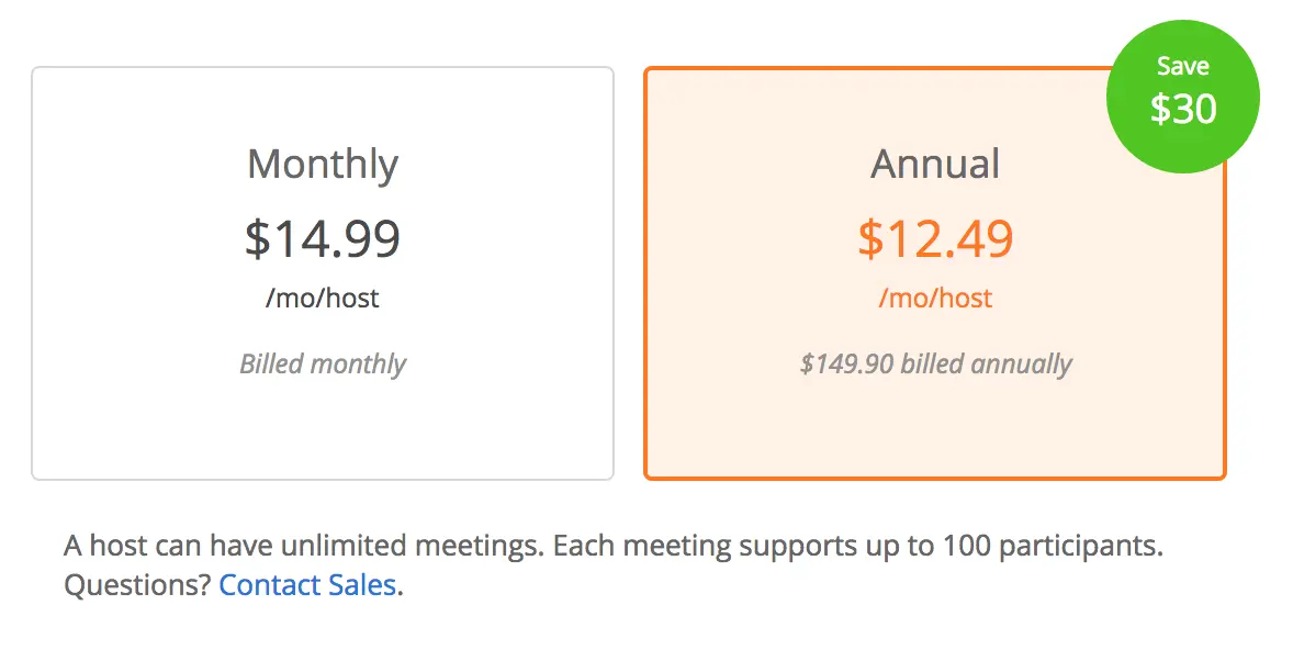 Pricing comparison for monthly and annual plans with savings highlighted.