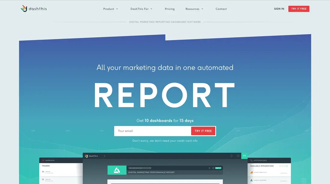 DashThis website showcasing automated marketing reporting features.