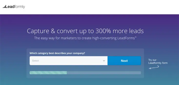 Leadformly homepage showcasing a lead capture form.